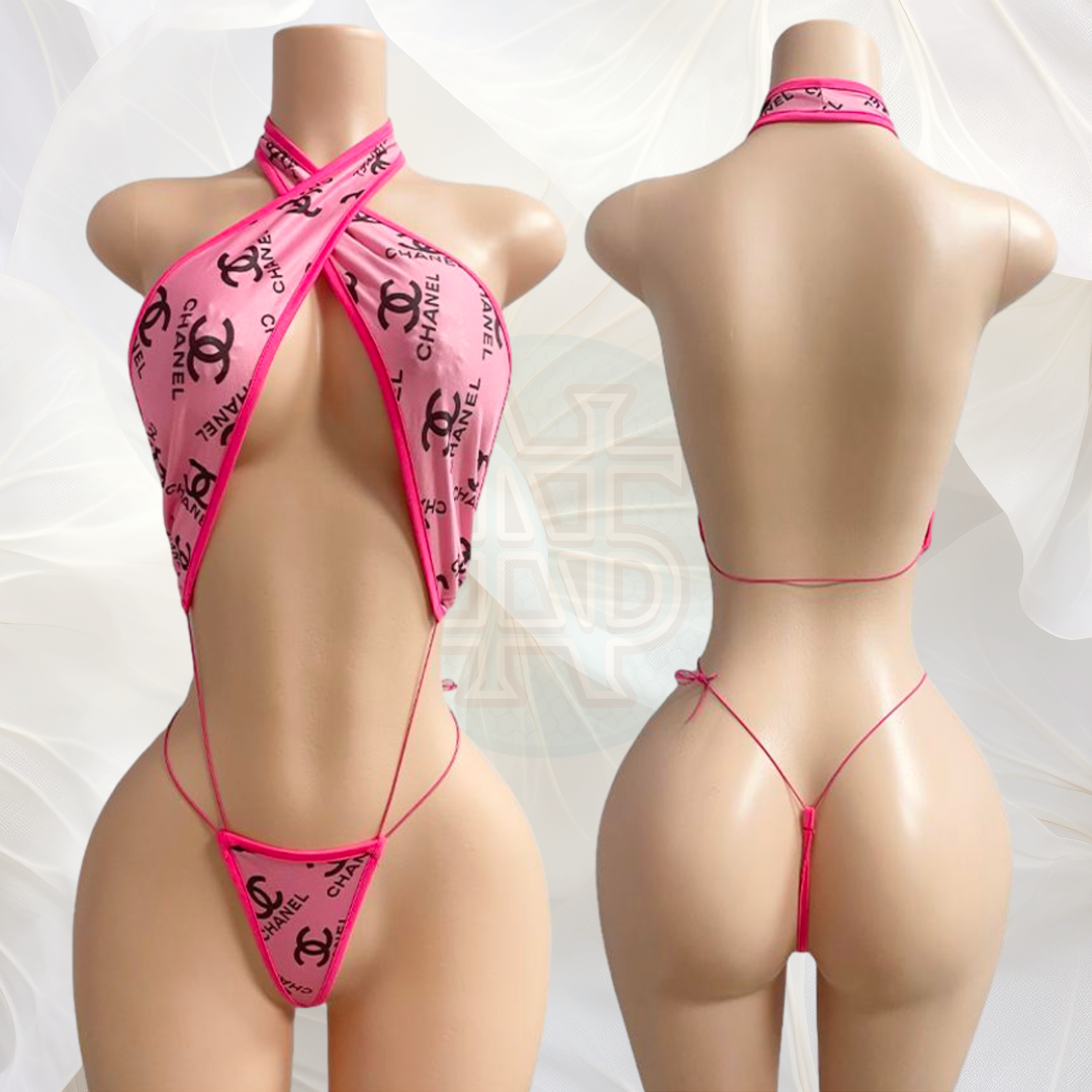 Zexy Luxurious Pink Halter-Style Swimsuit/Lingerie Set with Logo Pattern- One size fits all