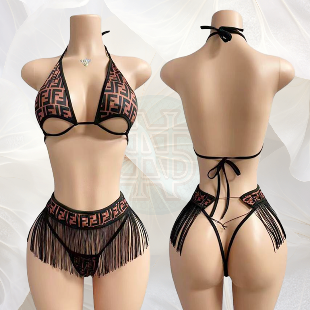 Zexy Luxury Halter-Style Cut-Out Bikini Lingerie Set with Logo Pattern