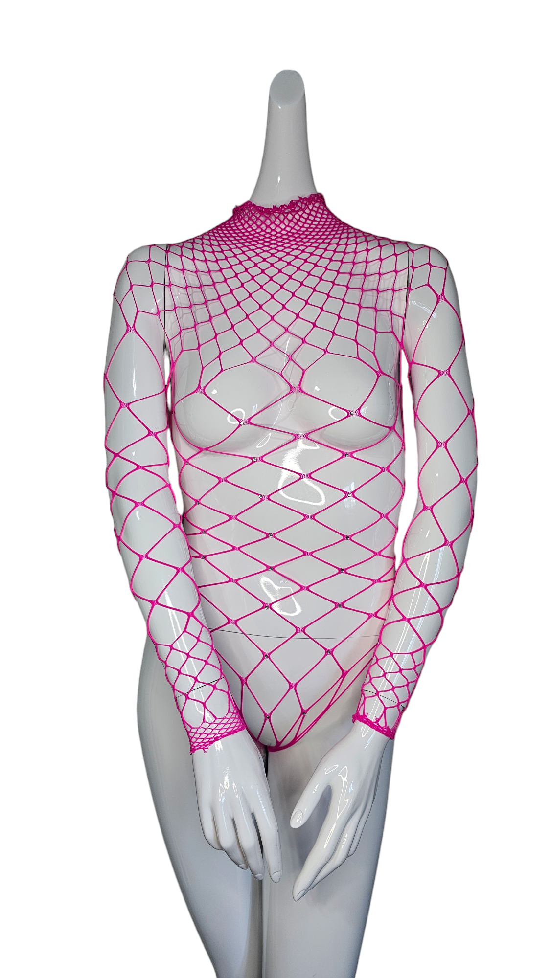 Zexy Pink Fishnet Bodysuit for Women - long-sleeved, high-neck design