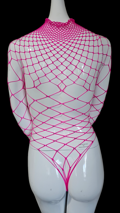 Zexy Pink Fishnet Bodysuit for Women - long-sleeved, high-neck design