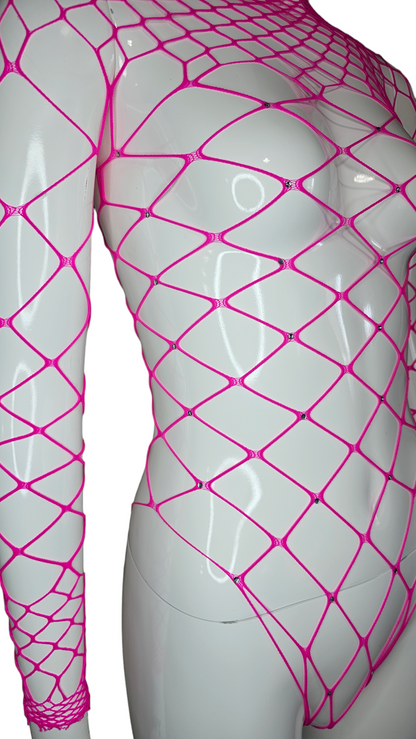 Zexy Pink Fishnet Bodysuit for Women - long-sleeved, high-neck design